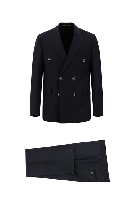 Siyah Lacivert Slim Fit Dar Kesim Yünlü Kruvaze Takım Elbise