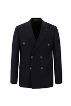 Siyah Lacivert Slim Fit Dar Kesim Yünlü Kruvaze Takım Elbise