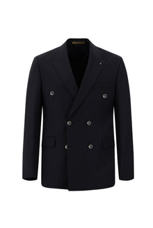 Siyah Lacivert Slim Fit Dar Kesim Yünlü Kruvaze Takım Elbise