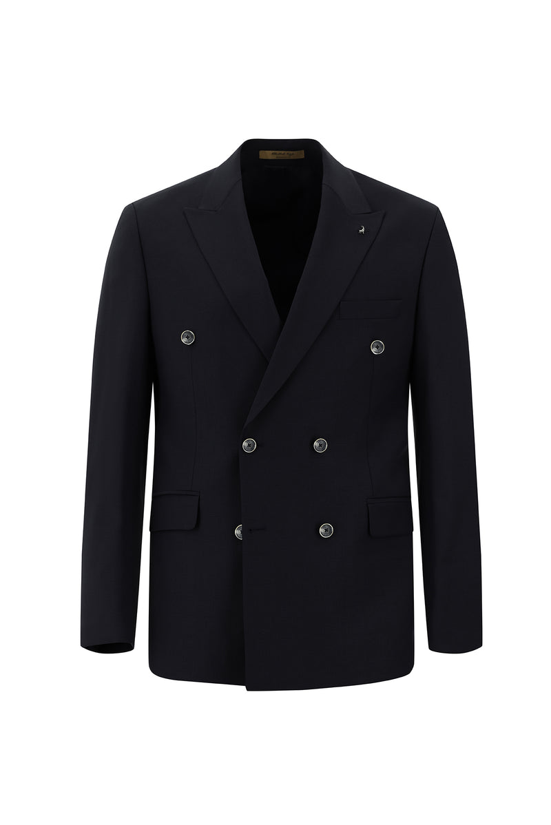 Siyah Lacivert Slim Fit Dar Kesim Yünlü Kruvaze Takım Elbise