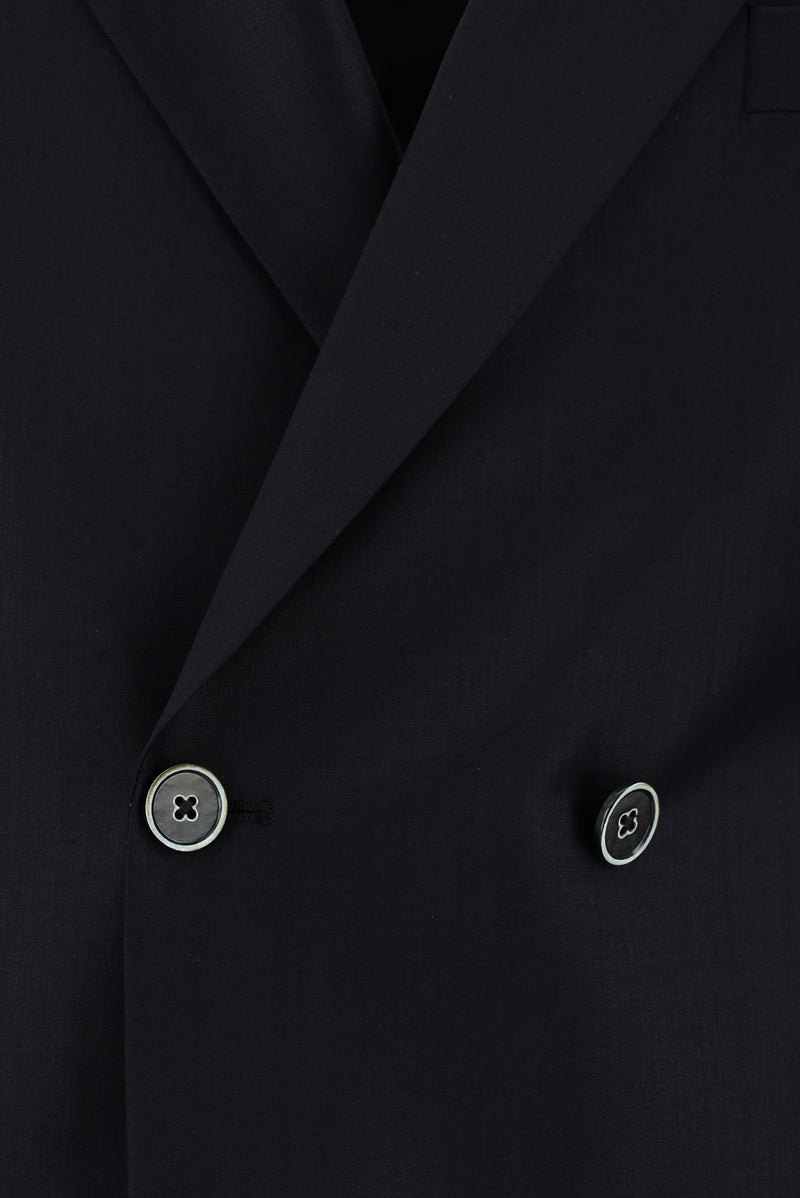 Siyah Lacivert Slim Fit Dar Kesim Yünlü Kruvaze Takım Elbise