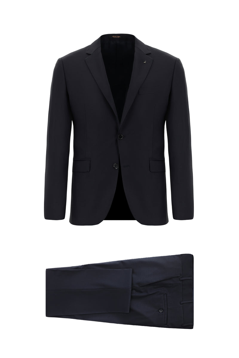Siyah Lacivert Slim Fit Dar Kesim Yünlü Klasik Takım Elbise