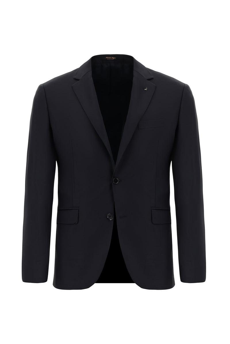 Siyah Lacivert Slim Fit Dar Kesim Yünlü Klasik Takım Elbise