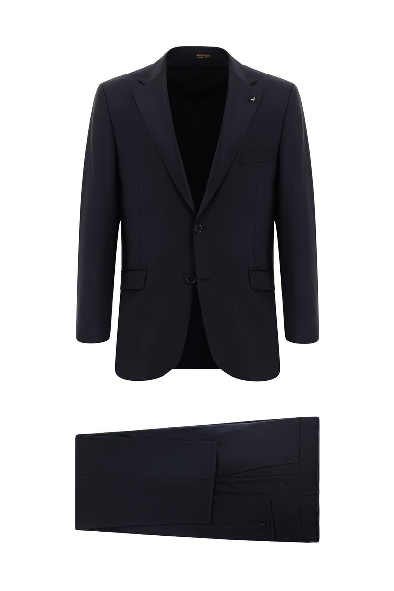 Koyu Lacivert Slim Fit Dar Kesim Yünlü Klasik Takım Elbise