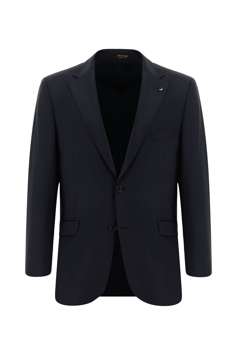 Koyu Lacivert Slim Fit Dar Kesim Yünlü Klasik Takım Elbise