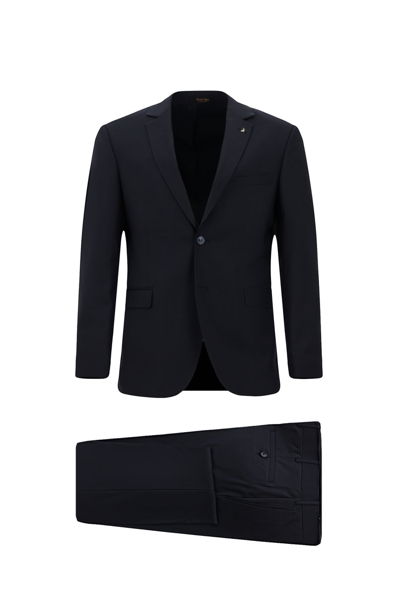 Siyah Lacivert Slim Fit Dar Kesim Yünlü Klasik Takım Elbise