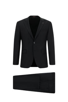 Siyah Slim Fit Dar Kesim Klasik Desenli Yünlü Takım Elbise