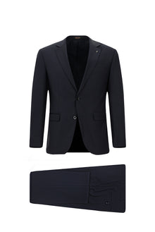 Koyu Lacivert Slim Fit Dar Kesim Klasik Desenli Yünlü Takım Elbise