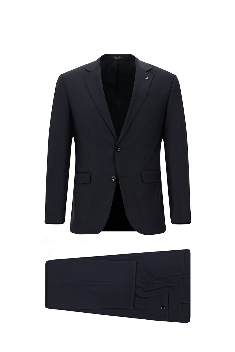 Koyu Lacivert Slim Fit Dar Kesim Klasik Desenli Yünlü Takım Elbise