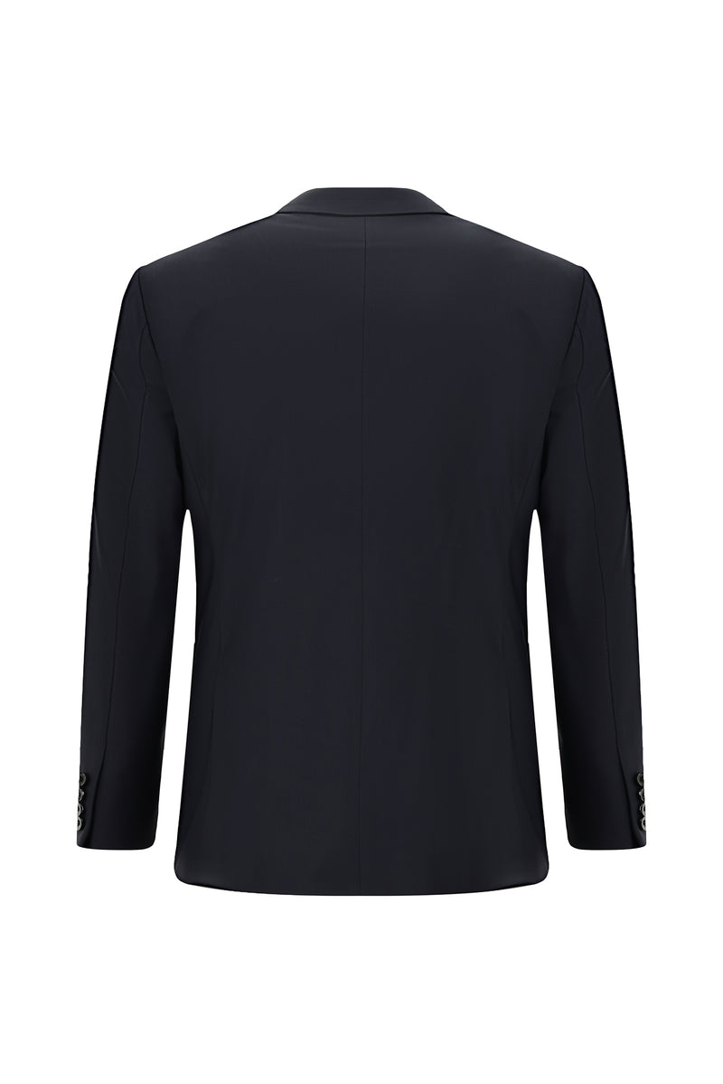 Koyu Lacivert Slim Fit Dar Kesim Klasik Desenli Yünlü Takım Elbise