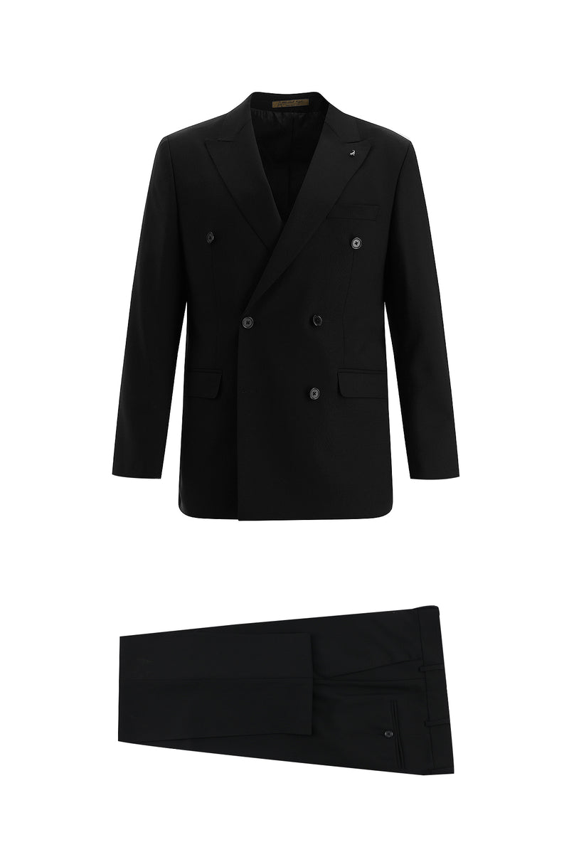 Siyah Slim Fit Dar Kesim Kruvaze Yünlü Takım Elbise