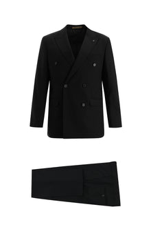 Siyah Regular Fit Kruvaze Yünlü Takım Elbise