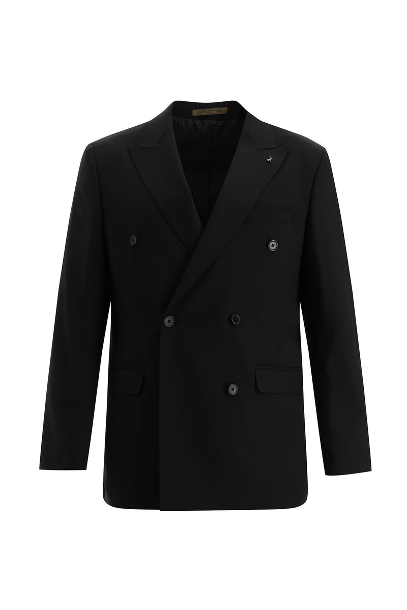 Siyah Slim Fit Dar Kesim Kruvaze Yünlü Takım Elbise