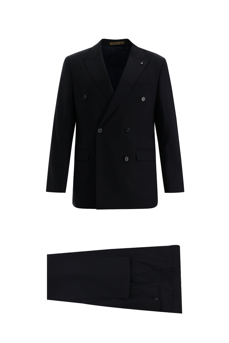 Koyu Lacivert Slim Fit Dar Kesim Kruvaze Yünlü Takım Elbise