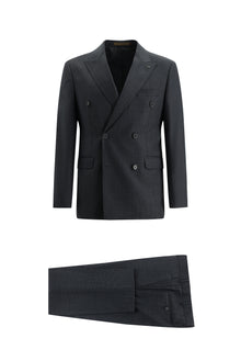 Koyu Füme Slim Fit Dar Kesim Kruvaze Desenli Yün Takım Elbise