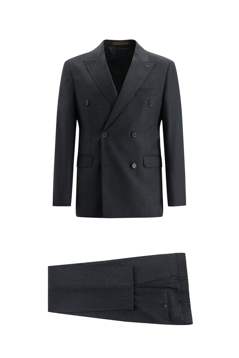 Koyu Füme Slim Fit Dar Kesim Kruvaze Desenli Yün Takım Elbise