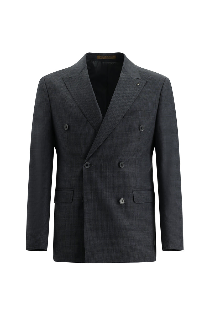 Koyu Füme Slim Fit Dar Kesim Kruvaze Desenli Yün Takım Elbise