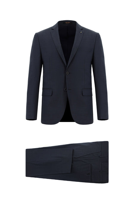Koyu Lacivert Super Slim Fit Ekstra Dar Kesim Yünlü Desenli Takım Elbise
