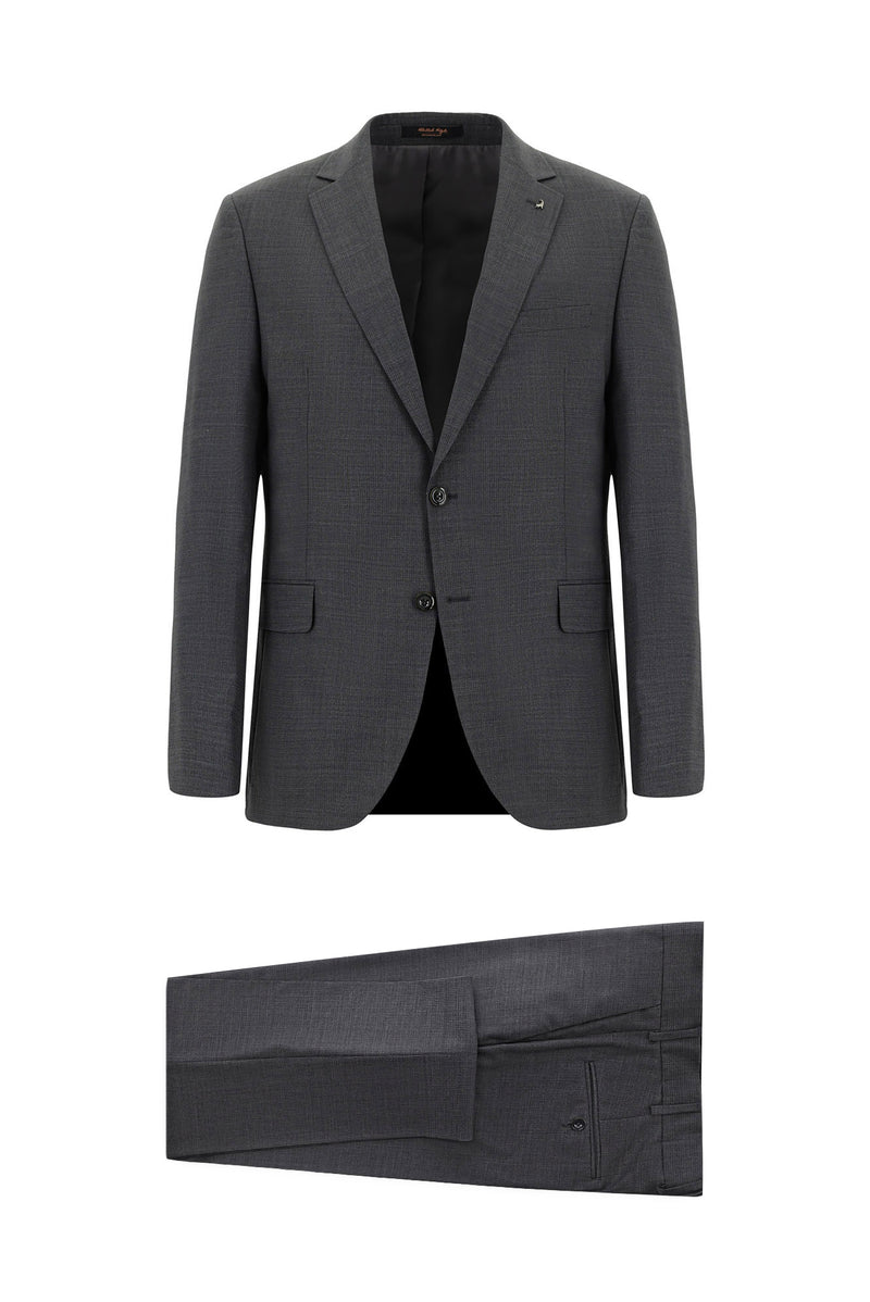 Koyu Füme Super Slim Fit Ekstra Dar Kesim Yünlü Klasik Desenli Takım Elbise