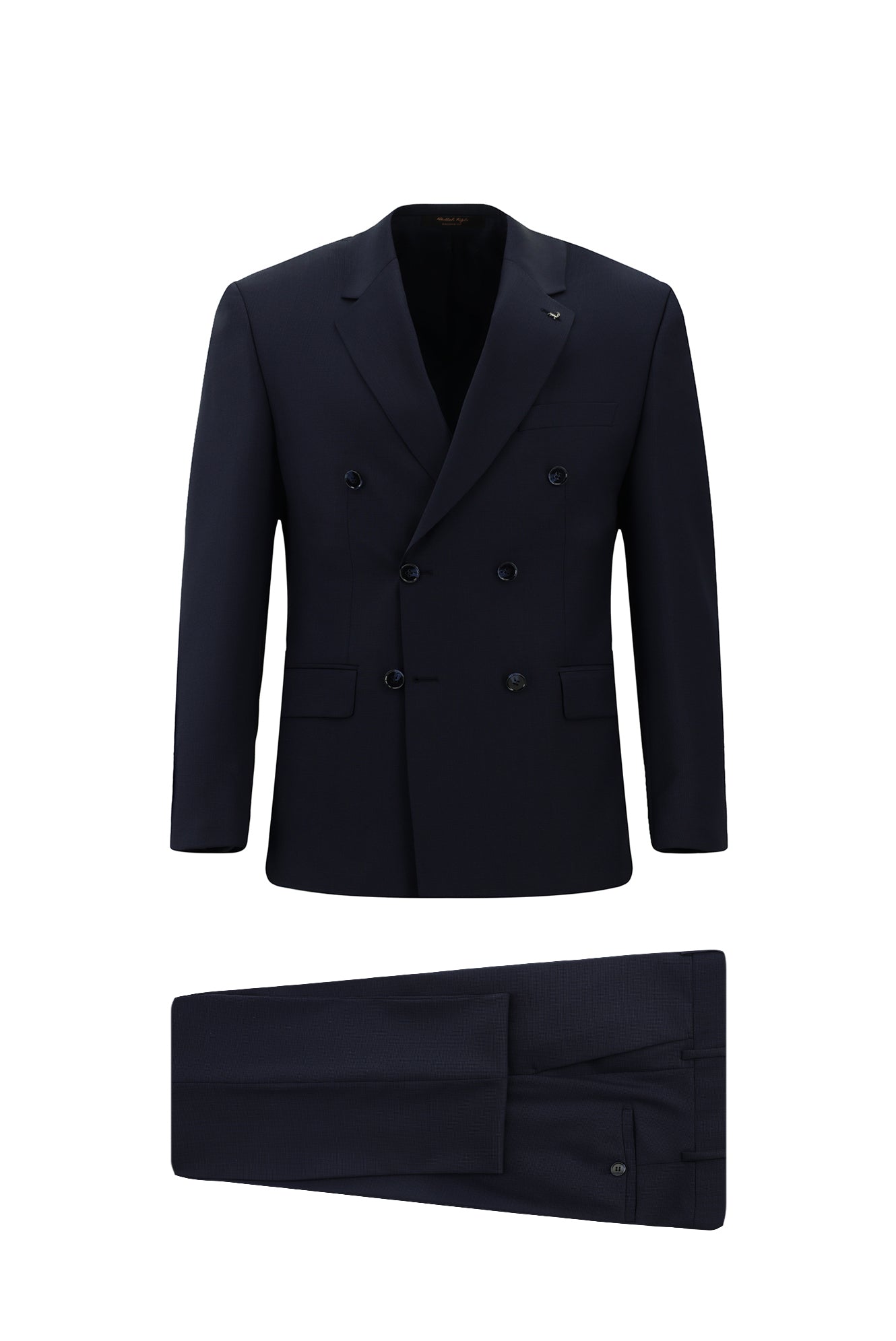 Orta Lacivert Slim Fit Dar Kesim Yünlü Desenli Kruvaze Takım Elbise