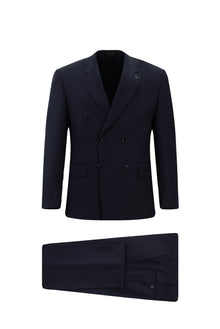 Orta Lacivert Slim Fit Dar Kesim Yünlü Desenli Kruvaze Takım Elbise