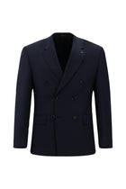 Orta Lacivert Slim Fit Dar Kesim Yünlü Desenli Kruvaze Takım Elbise