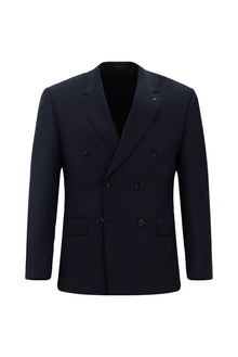 Orta Lacivert Slim Fit Dar Kesim Yünlü Desenli Kruvaze Takım Elbise