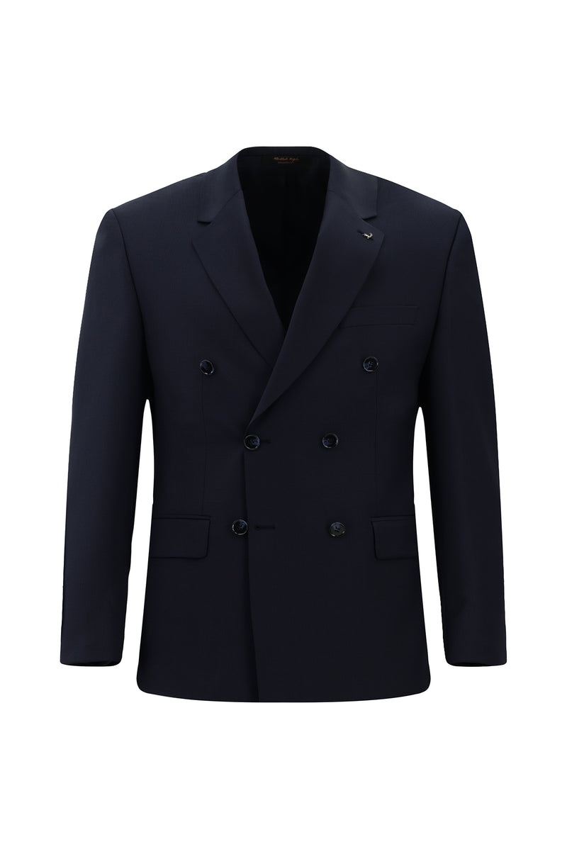 Orta Lacivert Slim Fit Dar Kesim Yünlü Desenli Kruvaze Takım Elbise