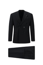 Koyu Lacivert Slim Fit Dar Kesim Yünlü Desenli Kruvaze Takım Elbise