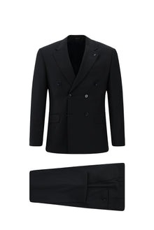 Koyu Lacivert Slim Fit Dar Kesim Yünlü Desenli Kruvaze Takım Elbise