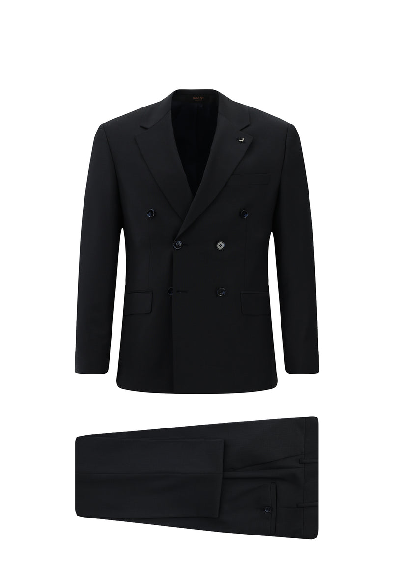 Koyu Lacivert Slim Fit Dar Kesim Yünlü Desenli Kruvaze Takım Elbise
