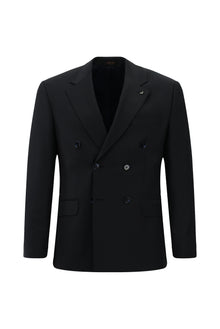 Koyu Lacivert Slim Fit Dar Kesim Yünlü Desenli Kruvaze Takım Elbise