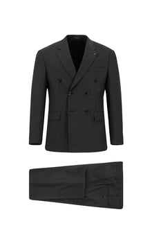 Koyu Antrasit Slim Fit Dar Kesim Yünlü Desenli Kruvaze Takım Elbise