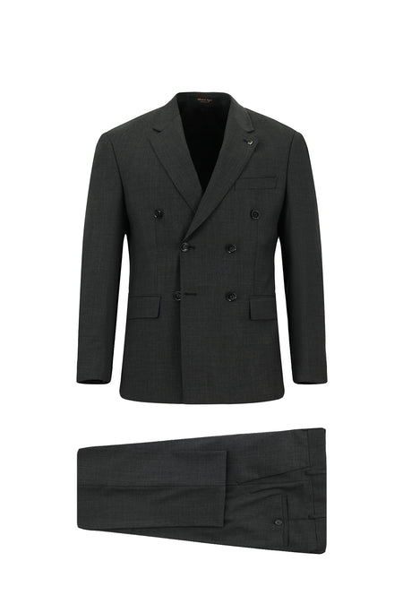 Koyu Antrasit Slim Fit Dar Kesim Yünlü Desenli Kruvaze Takım Elbise