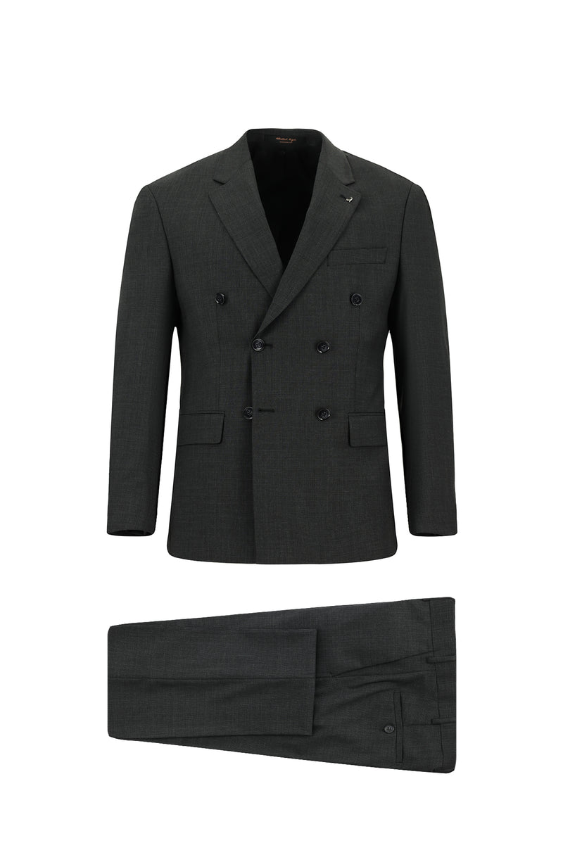 Koyu Antrasit Slim Fit Dar Kesim Yünlü Desenli Kruvaze Takım Elbise