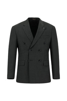 Koyu Antrasit Slim Fit Dar Kesim Yünlü Desenli Kruvaze Takım Elbise