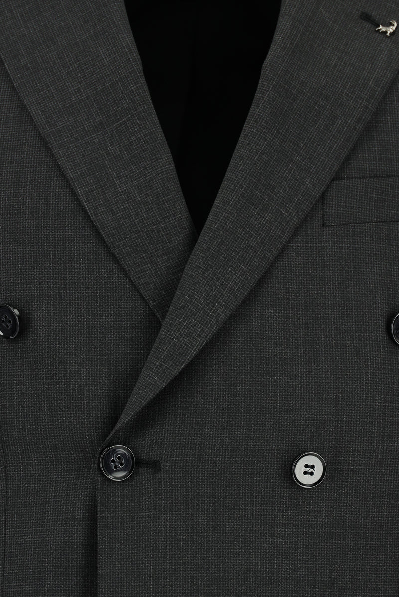 Koyu Antrasit Slim Fit Dar Kesim Yünlü Desenli Kruvaze Takım Elbise