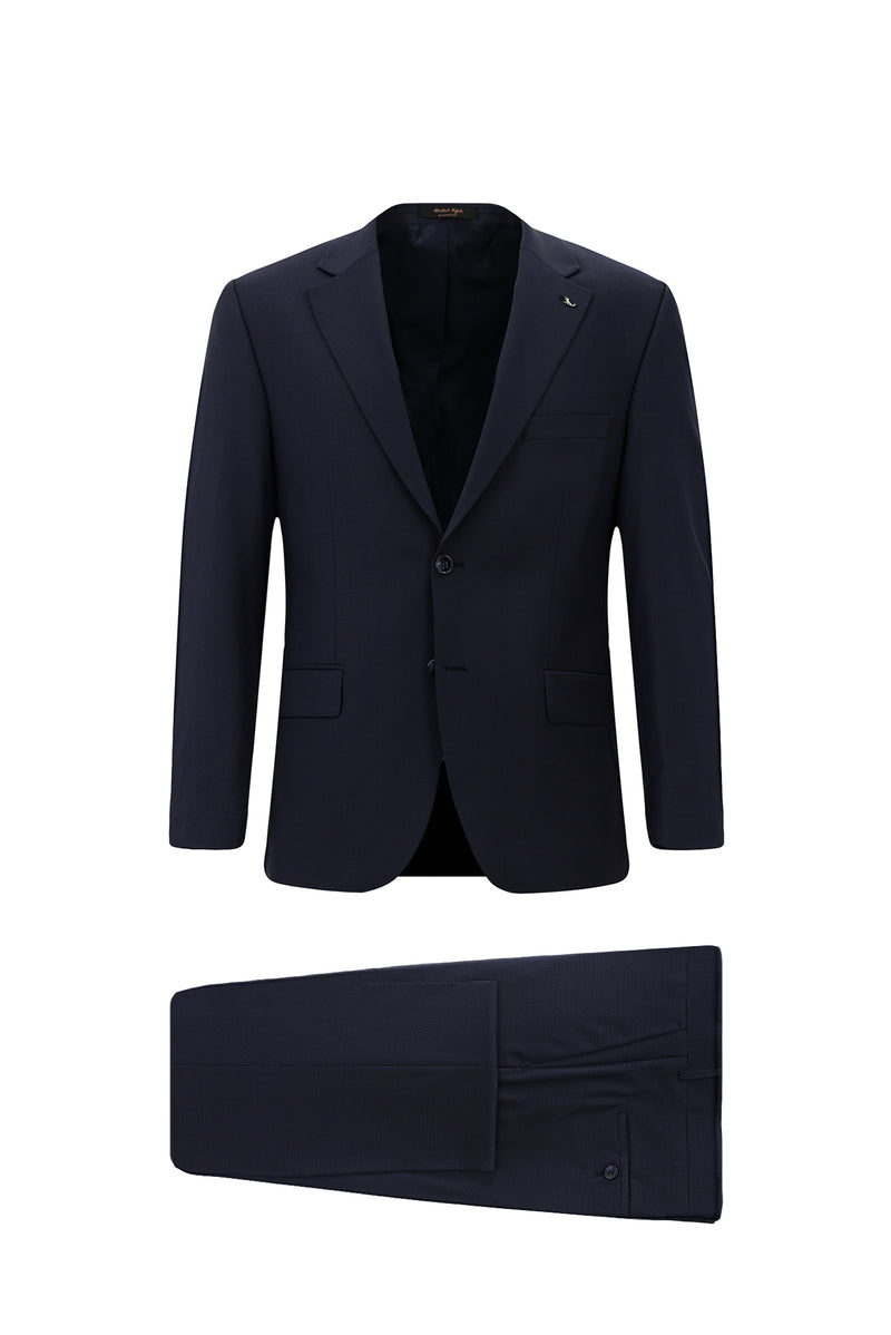 Koyu Lacivert Relaxed Fit Rahat Kesim Yünlü Klasik Desenli Takım Elbise