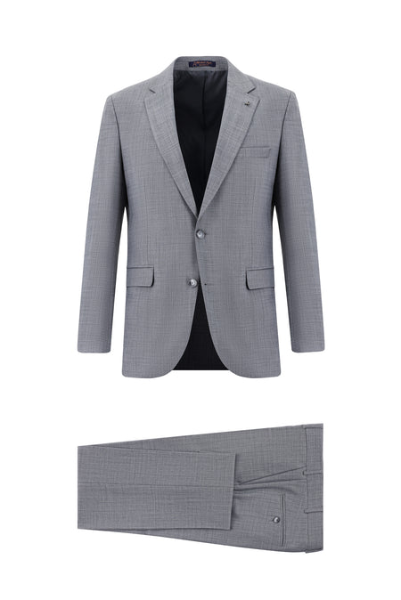 Orta Füme Slim Fit Dar Kesim Yünlü Klasik Takım Elbise