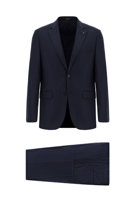 Koyu Lacivert 7 Drop Slim Fit Dar Kesim Yünlü Desenli Tak?m Elbise-Abdullah Ki??l?