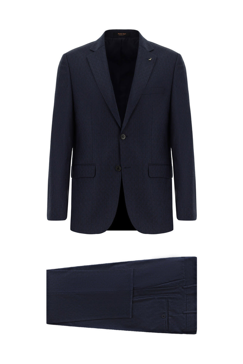 Koyu Lacivert 7 Drop Slim Fit Dar Kesim Yünlü Desenli Tak?m Elbise-Abdullah Ki??l?