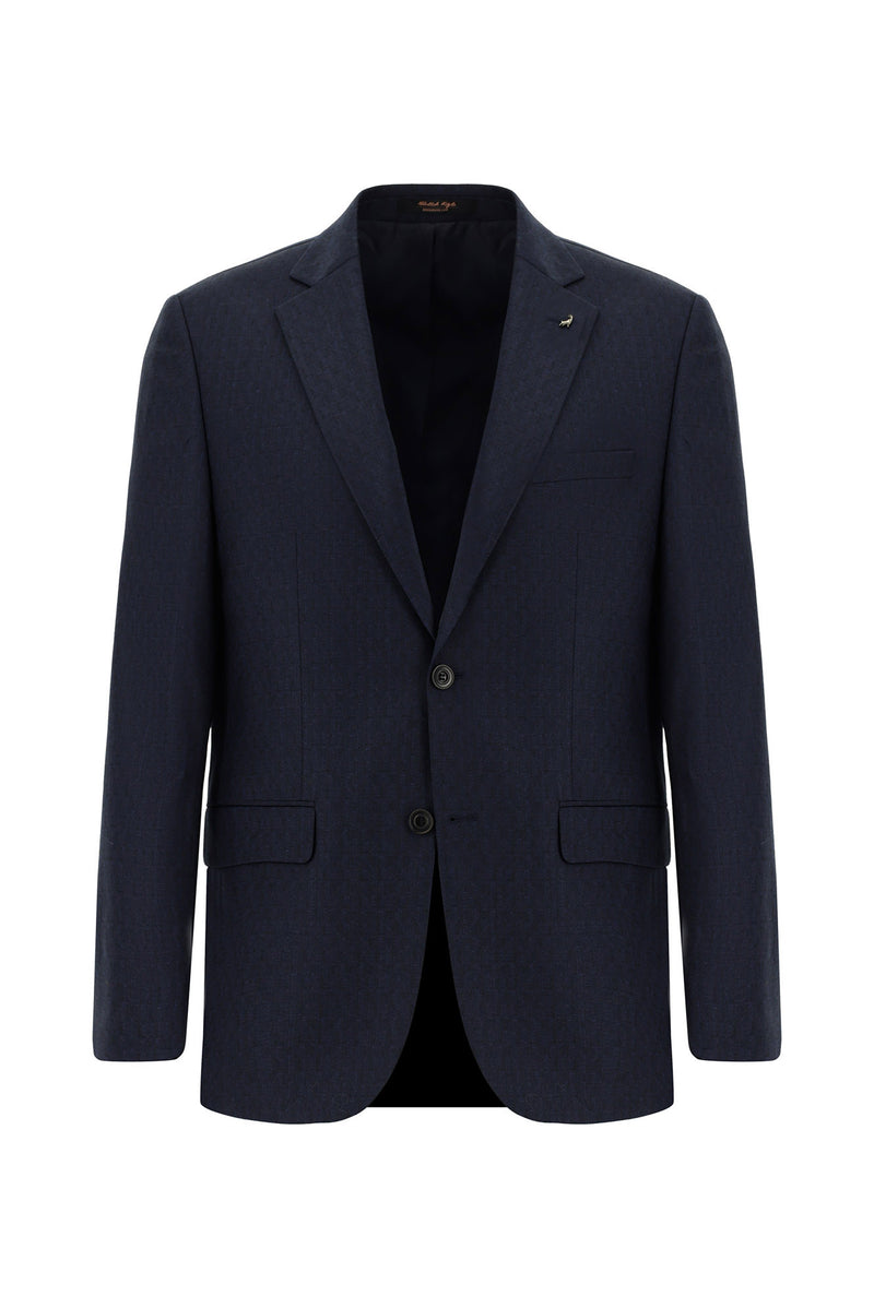 Koyu Lacivert Slim Fit Dar Kesim Yünlü Klasik Desenli Takım Elbise