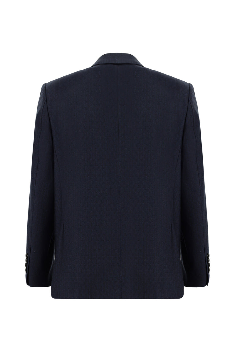 Koyu Lacivert Slim Fit Dar Kesim Yünlü Klasik Desenli Takım Elbise