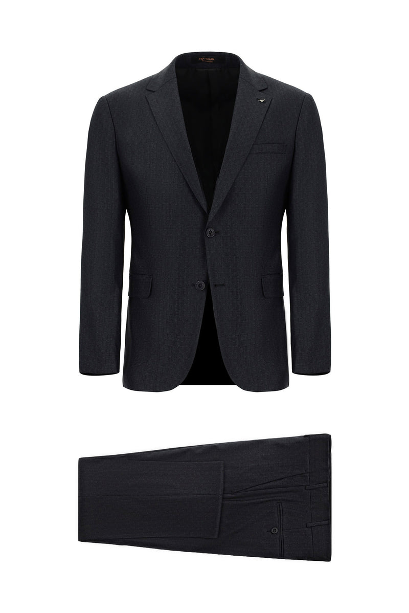 Koyu Antrasit Relaxed Fit Rahat Kesim Yünlü Klasik Desenli Takım Elbise