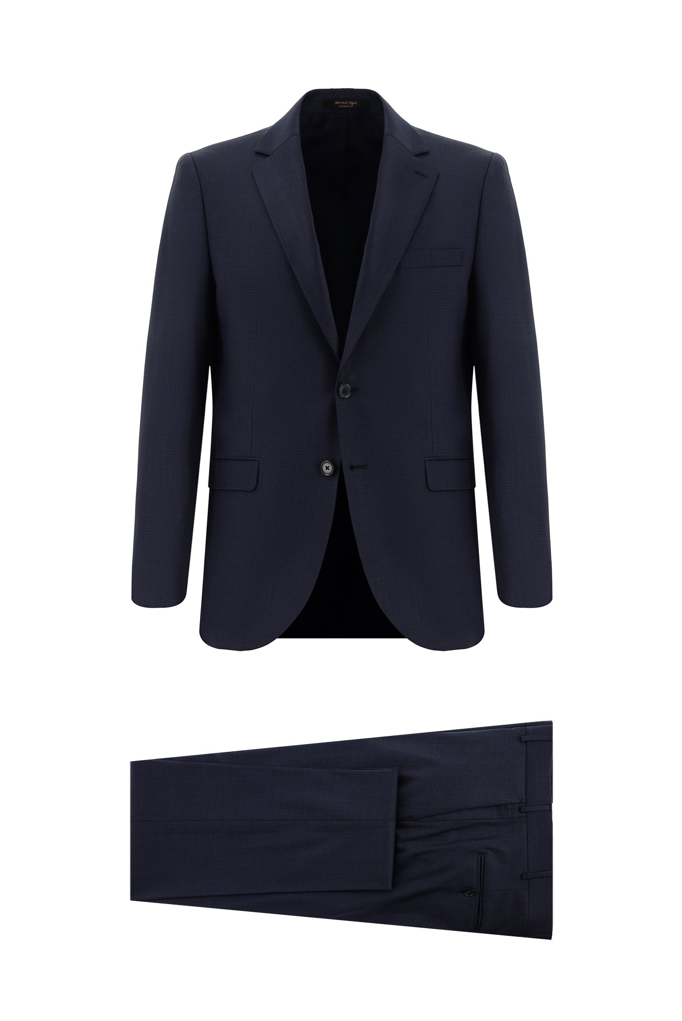 Koyu Lacivert Relaxed Fit Rahat Kesim Yünlü Klasik Desenli Takım Elbise