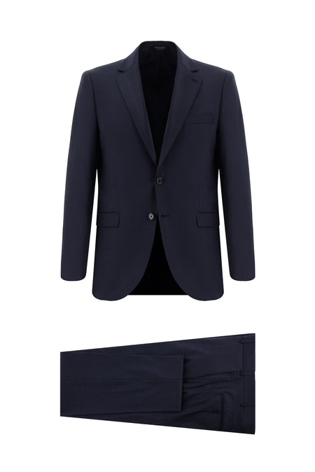 Koyu Lacivert Relaxed Fit Rahat Kesim Yünlü Klasik Desenli Takım Elbise