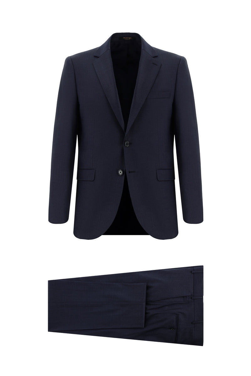 Koyu Lacivert Relaxed Fit Rahat Kesim Yünlü Klasik Desenli Takım Elbise