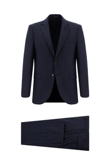 Koyu Lacivert Regular Fit Yünlü Klasik Desenli Takım Elbise