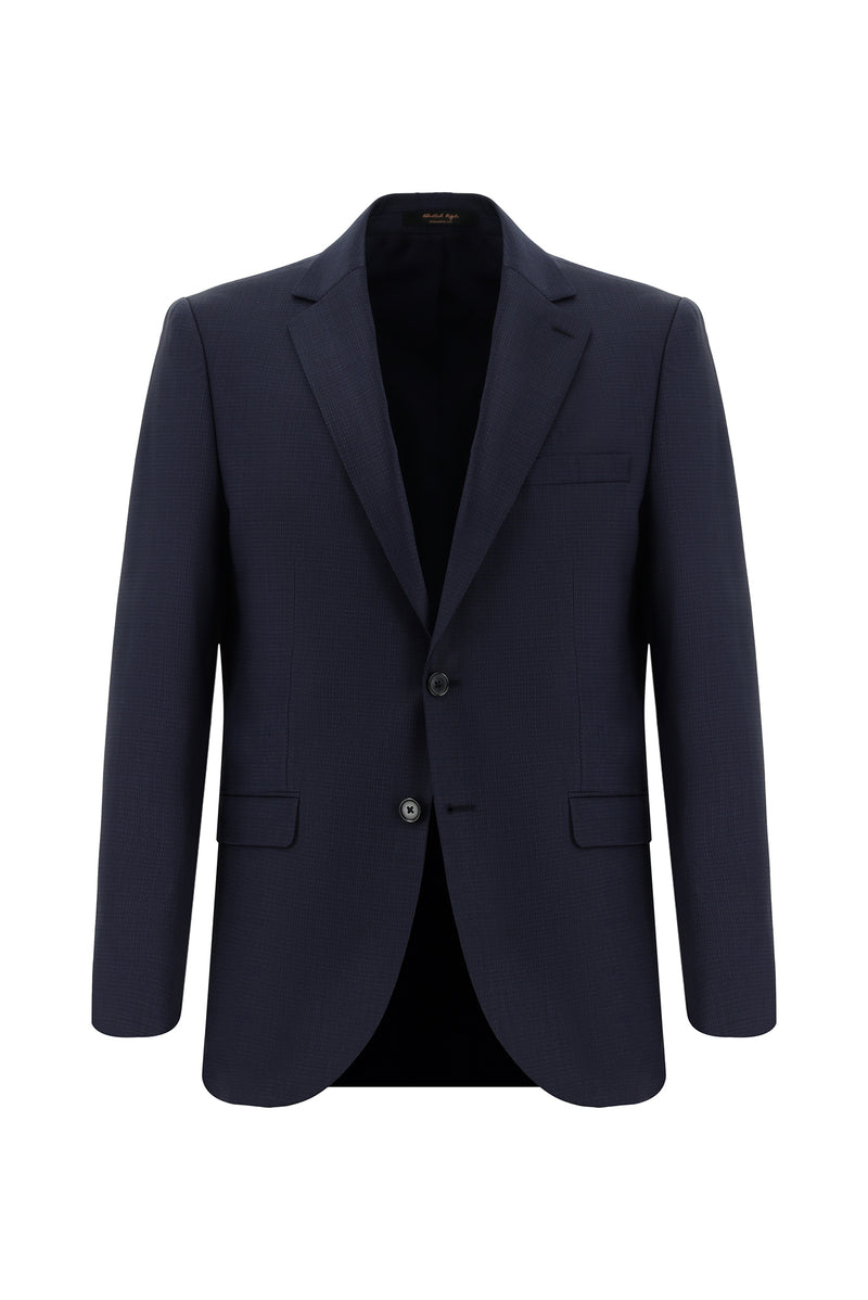 Koyu Lacivert Relaxed Fit Rahat Kesim Yünlü Klasik Desenli Takım Elbise