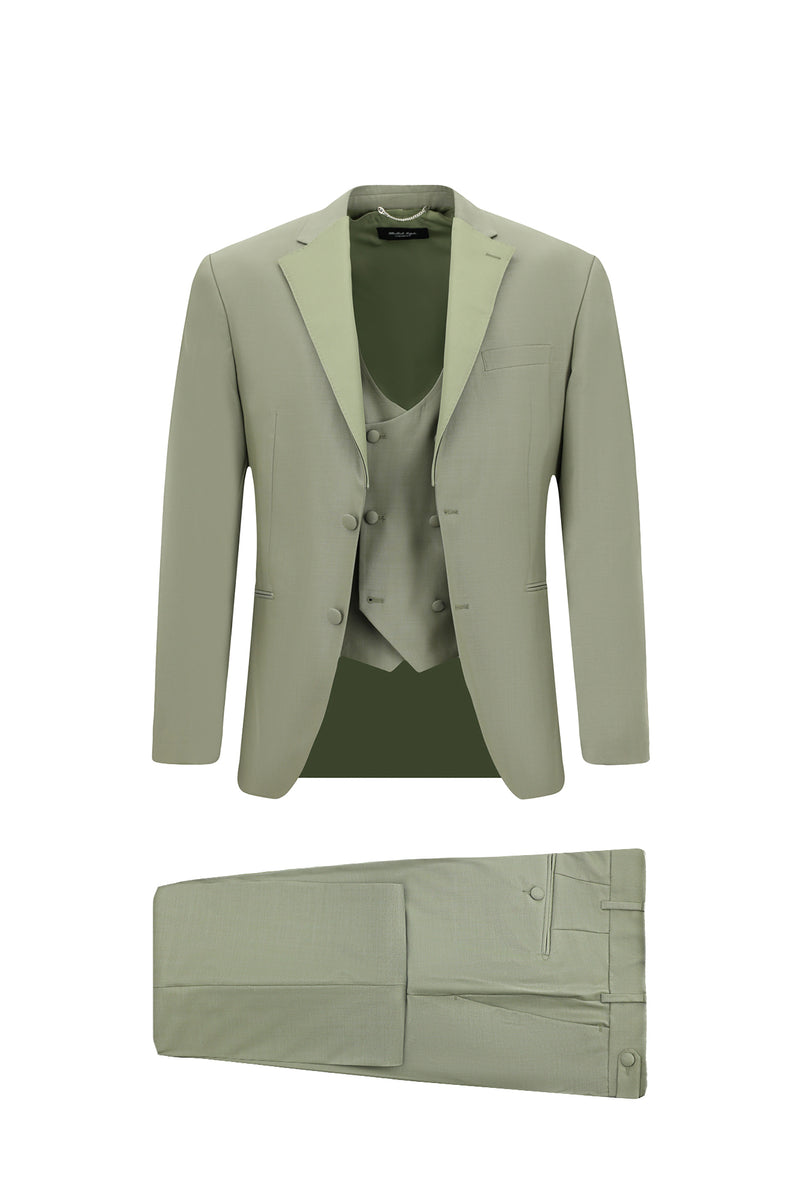 Açık Haki Regular Fit Mono Yaka Yelekli Yün Smokin & Damatlık